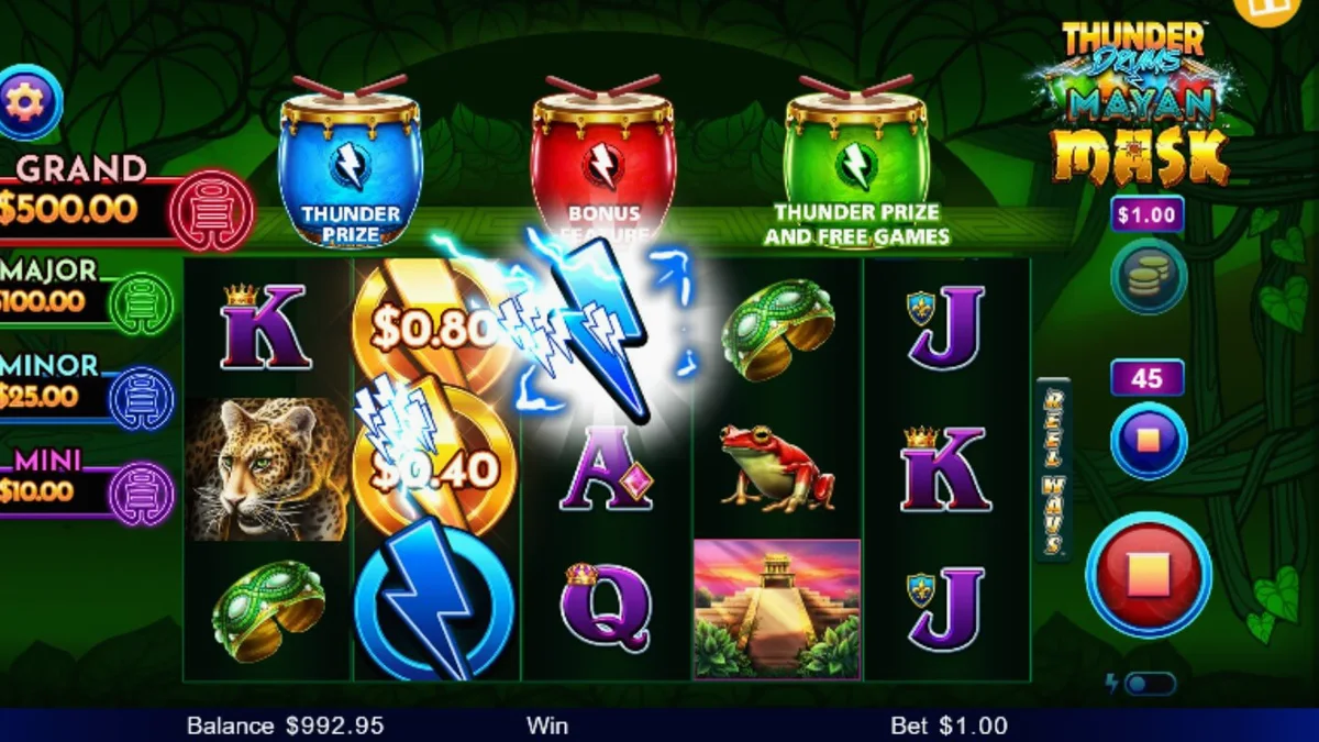 Interface do jogo Thunder Drums Mayan Mask com elementos temáticos maias