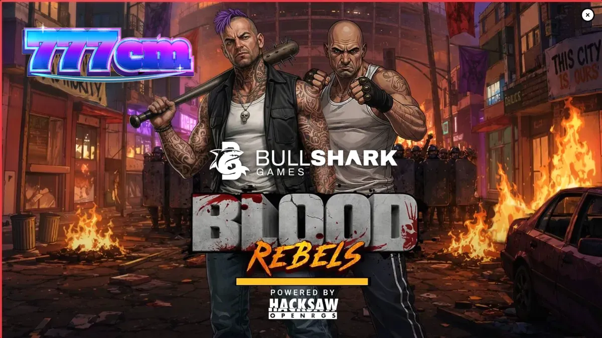 Interface de jogo do caça-níqueis Blood Rebels com temática urbana e símbolos de luta