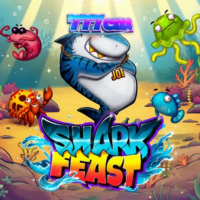 Interface colorida e subaquática do slot Shark Feast com símbolos de tubarão